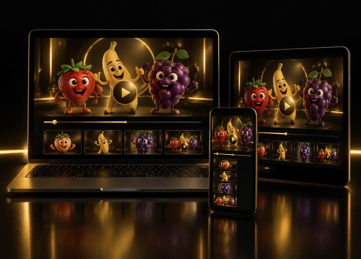 Curso Novelas Reflexão IA com personagens de frutas exibido em computador, tablet e celular