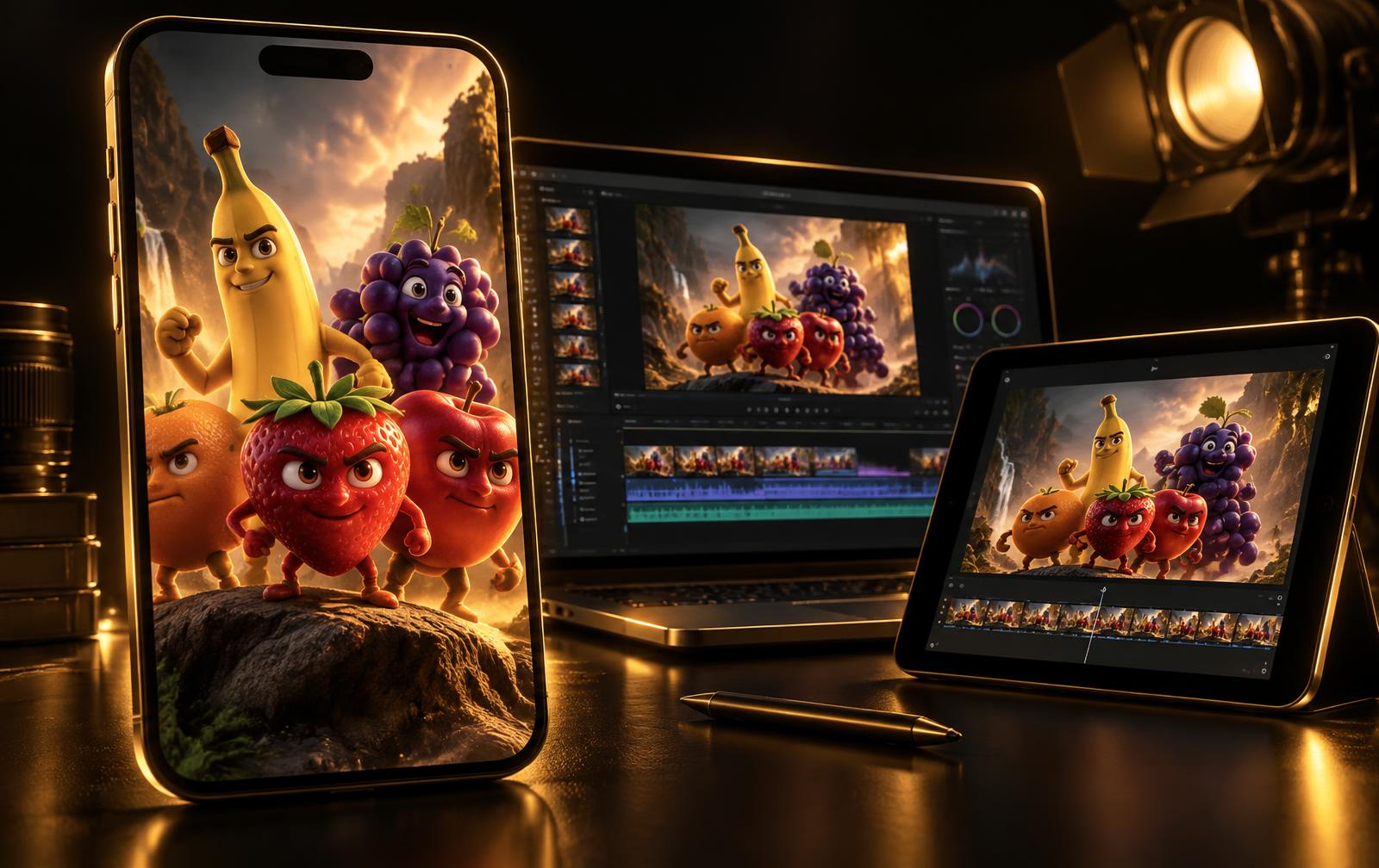 Personagens de frutas animados por inteligência artificial exibidos em um smartphone